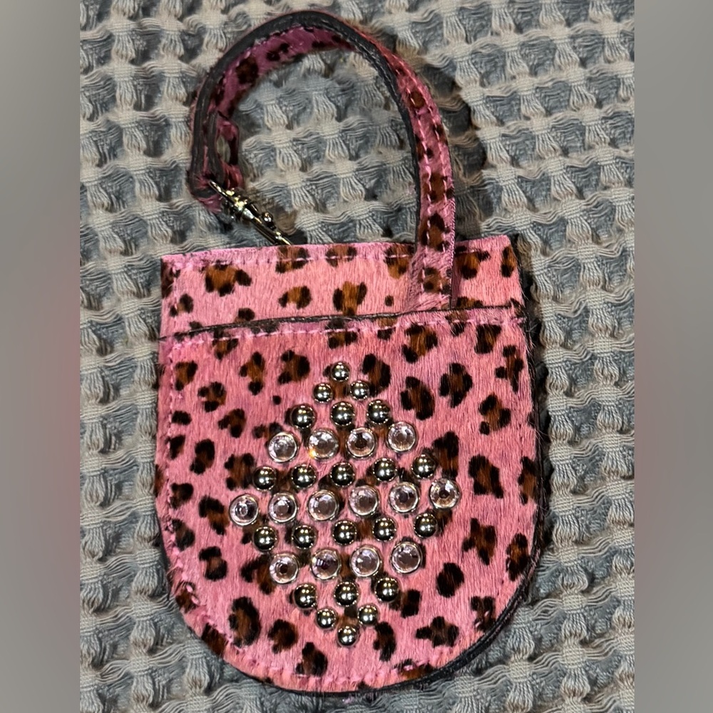 Pink Leopard Print Mini Pocket Purse Accessory with Crystal Studs